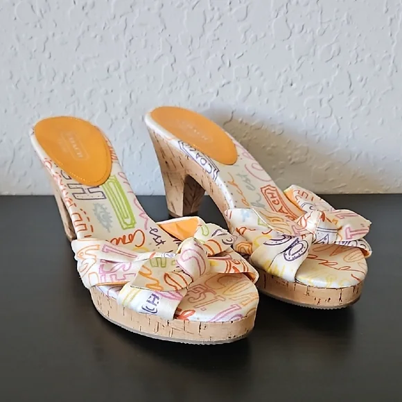 Coach Karen Graffiti Poppy Pop Cork Heels Slide Sandals, size 7.5 B - Picture 2 of 12